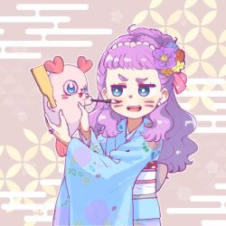 Rule 34 | 1girl, blue eyes, blue kimono, commentary request, drawing on another&#039;s face, earrings, egasumi, facepaint, flower, hagoita, hair flower, hair ornament, hanetsuki, holding, holding paddle, japanese clothes, jewelry, kimono, kururun (precure), laura la mer, long hair, mermaid, monster girl, paddle, piku (another pikuru), precure, purple hair, ring, shippou (pattern), short bangs, solo, thick eyebrows, tropical-rouge! precure, wide sleeves