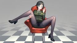 Rule 34 | 1girl, black hair, black pantyhose, blush, breasts, chair, chouno ami, closed mouth, full body, girls und panzer, green eyes, green necktie, green skirt, high heels, highres, large breasts, looking at viewer, military, military uniform, miniskirt, necktie, no panties, on chair, pantyhose, pussy, see-through, short hair, sitting, skirt, smile, solo, spread legs, uniform, v, xiaoxi0619