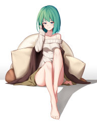 Rule 34 | 1girl, absurdres, arnold-s, bare shoulders, barefoot, blue eyes, blush, breasts, cellphone, closed mouth, collarbone, feet, full body, green hair, highres, holding, holding phone, looking away, medium breasts, off-shoulder shirt, off shoulder, original, phone, ribbed sweater, shirt, short hair, sitting, smartphone, smile, solo, sweater, talking on phone, toes