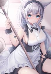 Rule 34 | 1girl, animal ears, apron, armpits, bare shoulders, blue eyes, breasts, cat ears, collared dress, dress, frilled dress, frills, hair ornament, hairclip, highres, holding, komari mhy, large breasts, long hair, looking at viewer, maid, maid apron, maid headdress, mop, neck ribbon, one side up, original, parted lips, ribbon, see-through, sideboob, simple background, sitting, sleeveless, sleeveless dress, solo, underbust, very long hair, wet, wet clothes, wet dress, white background, white dress, white hair, wrist cuffs, x hair ornament