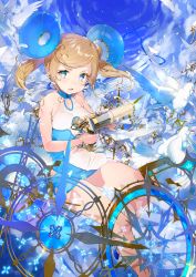 Rule 34 | 1girl, angel, angel wings, bare legs, bird, blonde hair, blue eyes, blue sky, blush, breasts, curly hair, day, dress, finger on trigger, gears, gun, hair ornament, halter dress, halterneck, highres, holding, holding gun, holding weapon, large breasts, looking at viewer, original, outdoors, parted lips, short dress, sidelocks, sky, solo, swept bangs, thighs, tonito, twintails, weapon, white dress, wings