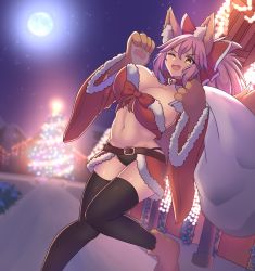 Rule 34 | 1girl, @ @, animal ear fluff, animal ears, animal hands, bell, black thighhighs, breasts, cat paws, christmas, christmas lights, christmas ornaments, christmas tree, cleavage, collar, fang, fate/grand order, fate (series), fox ears, fox girl, fox tail, full moon, fur-trimmed headwear, fur trim, gloves, groin, hair ribbon, hat, highres, jifuwabe, jingle bell, large breasts, looking at viewer, midriff, moon, navel, neck bell, one eye closed, outdoors, paw gloves, paw shoes, ponytail, red ribbon, ribbon, santa bra, santa hat, shoes, snow, solo, tail, tamamo (fate), tamamo cat (fate), thighhighs