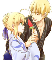 Rule 34 | 1boy, 1girl, ahoge, artoria pendragon (all), artoria pendragon (fate), blonde hair, closed eyes, fate/stay night, fate (series), food, fruit, gilgamesh (fate), green eyes, ha84no, hair ribbon, height difference, holding another&#039;s wrist, japanese clothes, kimono, official alternate costume, open mouth, ribbon, saber (fate), short hair, simple background, smile, watermelon, white background
