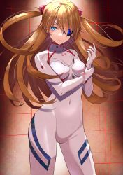 Rule 34 | 1girl, absurdres, blue eyes, bodysuit, breasts, covered navel, evangelion: 3.0+1.0 thrice upon a time, eyepatch, hairpods, highres, huge filesize, interface headset, long hair, neon genesis evangelion, orange hair, pilot suit, plugsuit, rebuild of evangelion, ringopan, skin tight, small breasts, solo, souryuu asuka langley, two side up, white bodysuit