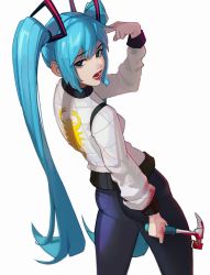 Rule 34 | 1girl, absurdres, ass, black eyes, blood, blood on clothes, blood on hands, bloody weapon, blue hair, blue legwear, blue pupils, claw hammer, cowboy shot, denim, dethmaid, drive (movie), finger gun, finger gun to head, hair between eyes, hammer, hatsune miku, highres, holding, holding hammer, jacket, jeans, lipstick, long hair, looking at viewer, looking back, lower teeth only, makeup, open mouth, pants, red lips, simple background, solo, standing, teeth, very long hair, vocaloid, weapon, white background, white jacket