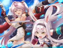 Rule 34 | 2girls, :d, animal ears, antenna hair, azur lane, bent over, blue sky, blunt bangs, blurry, breasts, cleavage, cloud, cloudy sky, commentary request, depth of field, dual wielding, grenville (azur lane), hair between eyes, hairband, highres, holding, long hair, long sleeves, looking at viewer, machinery, multiple girls, open mouth, orange eyes, purple hair, rabbit ears, shimakaze (azur lane), sidelocks, sky, smile, sun, sunlight, thick eyebrows, tonchinkan, torpedo tubes, turret, water drop, white hair, yellow eyes