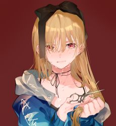 Rule 34 | 1girl, asymmetrical hair, black bow, black tank top, blonde hair, blue coat, bow, choker, closed mouth, coat, collarbone, commentary request, crying, crying with eyes open, cutting hair, cutting own hair, ear piercing, eyebrows hidden by hair, hair bow, hair over eyes, highres, holding, holding hair, holding scissors, long hair, looking at viewer, miwano rag, off shoulder, original, piercing, pink eyes, red background, scissors, solo, tank top, tears, upper body