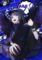 Rule 34 | 1girl, :d, absurdres, ado (utaite), black feathers, black hair, black wings, blue background, blue eyes, blue theme, blunt bangs, cloud nine inc, earrings, english text, fang, feathered wings, feathers, freedom (ado), from below, guitar, hat, highres, holding, holding guitar, holding instrument, instrument, jewelry, long hair, looking at viewer, looking down, multiple rings, open mouth, paint splatter, peaked cap, ring, sido (sido mrtsnkc), smile, solo, star (symbol), upper body, wings