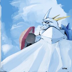 Rule 34 | armor, artist logo, blue eyes, cape, cloud, commentary, digimon, digimon (creature), english commentary, from behind, horns, looking to the side, notaventura, omegamon, shield, shoulder armor, spikes, upper body, white cape