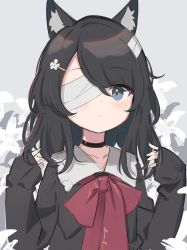 Rule 34 | 1girl, animal ear fluff, animal ears, bandage over one eye, black choker, black hair, black shirt, blue eyes, blush, bow, choker, closed mouth, collarbone, commentary request, floral background, flower, grey background, hair flower, hair ornament, hairclip, hands up, highres, long sleeves, looking at viewer, original, red bow, satou (3366 s), shirt, simple background, sleeves past wrists, solo, upper body, white flower