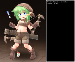 Rule 34 | 1girl, ass, blue eyes, blush, boots, child, flat chest, gloves, green hair, highres, kso, original, quiver, sweat, weapon