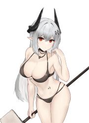 Rule 34 | 1girl, absurdres, arknights, bare arms, bare shoulders, bikini, black bikini, black choker, breasts, choker, cleavage, commentary, cropped legs, grey hair, hair between eyes, hammer, highres, holding, holding hammer, holding weapon, horns, large breasts, long hair, looking at viewer, mudrock (arknights), mudrock (silent night) (arknights), navel, official alternate costume, pointy ears, red eyes, sarea (sarea2020), simple background, solo, standing, stomach, swimsuit, thighs, very long hair, weapon, white background