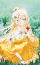 Rule 34 | 1girl, belle (grimlight), blonde hair, closed eyes, commentary, dress, earrings, english commentary, facing viewer, flower, grimlight, hair bun, hair ornament, highres, holding, holding flower, jewelry, kinty, light blush, long hair, open mouth, photo background, red flower, single hair bun, sitting, smile, solo, yellow dress