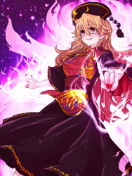 Rule 34 | 1girl, animal print, aura, benizuwai, black dress, blonde hair, breasts, chinese clothes, commentary request, covered erect nipples, dress, earbuds, earphones, energy, fox shadow puppet, fox tail, full body, hand gesture, hat, highres, junko (touhou), light particles, lips, long hair, long sleeves, looking afar, multiple tails, nail polish, obi, red eyes, red nails, sash, shaded face, smirk, solo, space, tabard, tail, taut clothes, taut dress, teeth, touhou, very long hair