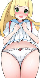 Rule 34 | 1girl, blonde hair, blunt bangs, blush, bow, bow panties, braid, clothes lift, collared dress, creatures (company), dress, dress lift, game freak, green eyes, h2o (ddks2923), highres, lifting own clothes, lillie (pokemon), long hair, looking at viewer, nintendo, open mouth, panties, pantyshot, pokemon, pokemon sm, sleeveless, sleeveless dress, solo, sweat, twin braids, underwear, white background, white dress, white panties