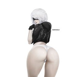 Rule 34 | 1girl, android, arched back, ass, black gloves, blindfold, commentary, from behind, gloves, highres, hood, hoodie, lipstick, looking at viewer, looking back, makeup, nier (series), nier:automata, panties, short hair, simple background, solo, thick thighs, thighs, underwear, white background, white hair, white panties, 2b (nier:automata), zeronis