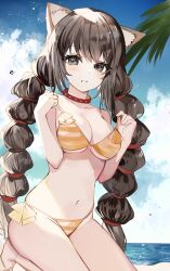 Rule 34 | 1girl, animal ears, bare shoulders, beach, bikini, borrowed character, breasts, brown eyes, brown hair, cleavage, cloud, collar, collarbone, commission, day, highres, long hair, looking at viewer, medium breasts, navel, ocean, original, outdoors, palm tree, red collar, sandals, seiza, sitting, skeb commission, smile, solo, sonna banana, stomach, strap pull, striped bikini, striped clothes, swimsuit, tree, twintails, underboob, very long hair, wardrobe malfunction, yellow bikini