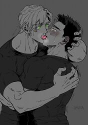 Rule 34 | 2boys, ao isami, bara, black hair, blonde hair, blush, breath, couple, facial hair, french kiss, greyscale, hand in another&#039;s hair, hand on another&#039;s head, hug, kiss, lageins, lewis smith, male focus, monochrome, multiple boys, shirt, shirt tug, sideburns stubble, spot color, stubble, t-shirt, tears, thick eyebrows, toned, toned male, upper body, yaoi, yuuki bakuhatsu bang bravern