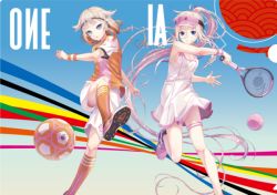 Rule 34 | 2girls, artist request, ball, bare arms, bare legs, bare shoulders, blonde hair, blue eyes, braid, braided ponytail, breasts, cevio, character name, dress, feet out of frame, hair between eyes, hair flaps, headband, holding, holding racket, ia (vocaloid), kicking, kneehighs, leg up, long hair, multicolored hair, multiple girls, official art, one (cevio), open hand, orange hair, orange shirt, orange socks, parted lips, pink footwear, pink hair, pink headwear, ponytail, racket, shirt, shoe soles, shoes, short dress, short hair with long locks, shorts, siblings, side braids, sisters, sleeveless, sleeveless dress, small breasts, sneakers, soccer ball, soccer uniform, socks, sportswear, t-shirt, tennis ball, tennis racket, tennis uniform, thigh strap, twin braids, two-tone hair, very long hair, visor cap, vocaloid, white dress, white shorts, wristband