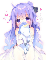 Rule 34 | 1girl, azur lane, bare shoulders, black bow, black ribbon, blush, bow, covered mouth, detached sleeves, dress, hair bun, hair ribbon, head tilt, heart, long hair, long sleeves, looking at viewer, nose blush, hugging object, one side up, piyodera mucha, purple eyes, purple hair, ribbon, side bun, simple background, single hair bun, single side bun, solo, strapless, strapless dress, stuffed animal, stuffed toy, stuffed unicorn, stuffed winged unicorn, translation request, unicorn (azur lane), very long hair, white background, white dress