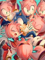 Rule 34 | 1boy, 6+girls, :d, :o, amy rose, blush, boots, bracelet, clenched teeth, dress, closed eyes, furry, furry female, furry male, gloves, green eyes, hairband, hug, jewelry, kiss, multiple girls, multiple persona, open mouth, red dress, smile, sonic (series), sonic the hedgehog, sweatdrop, teeth, tondamanuke, white gloves