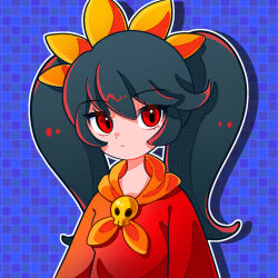 Rule 34 | 1girl, absurdres, ashley (warioware), big hair, blue background, commentary, dress, hairband, highres, light frown, long hair, neckerchief, nintendo, oataruu, orange hairband, orange neckerchief, red dress, red eyes, sailor collar, skull, skull ornament, solo, twintails, warioware, yellow sailor collar