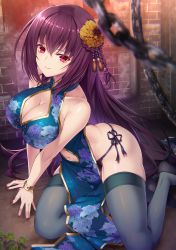 Rule 34 | 1girl, bare shoulders, bracelet, breasts, chain, china dress, chinese clothes, cleavage, cleavage cutout, clothing cutout, collarbone, dress, emanon123, fate/grand order, fate (series), flower, hair between eyes, hair flower, hair ornament, highres, jewelry, large breasts, long hair, looking at viewer, nail polish, navel, navel cutout, purple hair, red eyes, red nails, scathach (fate), smile, solo, thighhighs, very long hair, yellow flower