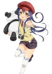 Rule 34 | 1girl, absurdres, blue hair, blush, camera, commentary request, hat, highres, holding, kashiwagi sumika, leg up, long hair, looking at viewer, love live!, love live! school idol festival, love live! school idol project, necktie, open mouth, outstretched arm, panda, red hat, shorts, simple background, smile, solo, sonoda umi, stuffed animal, stuffed panda, stuffed toy, thighhighs, vest, white background, white thighhighs