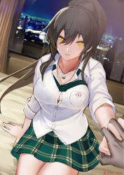 Rule 34 | 1girl, bed, bed sheet, black bra, black hair, bra, breasts, city, city lights, cityscape, cleavage, collarbone, commentary, curtains, dark skin, dog tags, dress shirt, green neckwear, hair between eyes, heart, heart-shaped pupils, high ponytail, holding hands, hotel room, idolmaster, idolmaster shiny colors, indoors, large breasts, legs, long hair, looking at viewer, loose necktie, miniskirt, necktie, night, night sky, on bed, open clothes, open mouth, open shirt, open window, parted lips, plaid, plaid skirt, pleated skirt, ponytail, razu (rus), school uniform, shirase sakuya, shirt, sitting, skirt, sky, skyline, solo focus, symbol-shaped pupils, taut clothes, taut shirt, thighs, twitter username, underwear, white shirt, window, yellow eyes