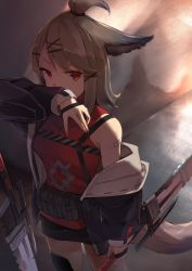 Rule 34 | 1girl, animal ears, arknights, black jacket, black skirt, blouse, brown hair, commentary request, cutter (arknights), e-bushi, eyebrows hidden by hair, hair ornament, hairclip, hand up, highres, holding, holding sword, holding weapon, jacket, long sleeves, off shoulder, open clothes, open jacket, puffy long sleeves, puffy sleeves, red eyes, red shirt, shirt, skirt, sleeveless, sleeveless shirt, sleeves past wrists, solo, standing, sword, tail, weapon, x hair ornament