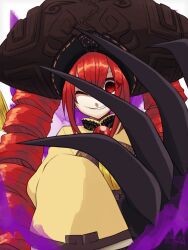 Rule 34 | 1girl, brooch, brown hat, commentary request, drill hair, eyes visible through hair, grin, hat, highres, huge claws, infinite blade pavilion, jewelry, long hair, long sleeves, one eye closed, original, red brooch, red eyes, red hair, shirasaki potofu, shirt, sleeves past fingers, sleeves past wrists, smile, solo, togura magura, touhou, yellow shirt