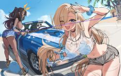 2girls absurdres ass asuna_(blue_archive) bikini bikini_top_only black_hair blue_archive blue_eyes blue_nails blue_sky breasts car dark-skinned_female dark_skin denim denim_shorts grey_shorts hair_over_one_eye highres holding holding_hose hose jewelry karin_(blue_archive) large_breasts leaning_forward long_hair looking_to_the_side motor_vehicle multiple_girls navel necklace one_eye_closed open_mouth outdoors palm_tree sand scrunchie see-through_clothes see-through_shirt shirt short_shorts shorts side_ponytail sideboob sky swimsuit td_(tandeom97) tree unfinished very_long_hair wrist_scrunchie