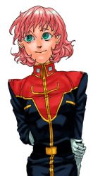 female_focus gloves green_eyes gundam military military_uniform pink_hair sarah_zabiarov solo utaco white_gloves zeta_gundam