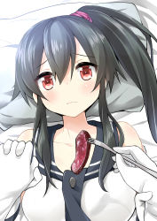 Rule 34 | 10s, 1girl, absurdres, bed sheet, black hair, collarbone, commentary request, feeding, food, fork, gloves, holding hands, highres, holding, interlocked fingers, kantai collection, looking at viewer, meat, pillow, ponytail, pov feeding, red eyes, ryuki (ryukisukune), school uniform, serafuku, white gloves, yahagi (kancolle)