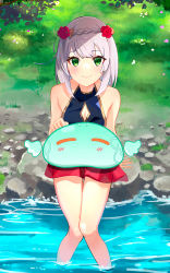 Rule 34 | 1girl, bare shoulders, black one-piece swimsuit, blush, breasts, cleavage, cleavage cutout, clothing cutout, collarbone, commentary request, flower, genshin impact, grass, green eyes, grey hair, hair flower, hair ornament, highres, looking at viewer, medium breasts, mxsoundtube, noelle (genshin impact), one-piece swimsuit, red flower, red rose, red skirt, rose, short hair, sitting, skirt, slime (genshin impact), smile, solo, swimsuit, water