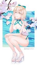 Rule 34 | 1girl, aqua bow, artist name, bare shoulders, bikini, blonde hair, border, bow, bracelet, breasts, cherry blossoms, fate/grand order, fate (series), green eyes, hair bow, halterneck, highres, jewelry, light smile, looking at viewer, medium breasts, okita j. souji (fate), okita j. souji (third ascension) (fate), okita souji (fate), okita souji (koha-ace), outside border, sandals, sharonch1s, smile, solo, swimsuit, toes, wedge heels, white bikini, white border