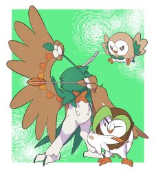 Rule 34 | arm up, arrow (projectile), bird, border, closed mouth, commentary request, creatures (company), dartrix, decidueye, evolutionary line, frown, game freak, gen 7 pokemon, green background, grey eyes, highres, holding, legs apart, nintendo, no humans, one eye closed, pkpokopoko3, pokemon, pokemon (creature), rowlet, standing, white border