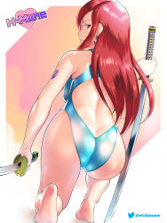 Rule 34 | 1girl, arm tattoo, artist name, ass, back, back cutout, barefoot, blue one-piece swimsuit, breasts, brown eyes, butt crack, clothing cutout, competition swimsuit, dual wielding, earrings, erza scarlet, etchimune, fairy tail, from behind, full body, holding, holding sword, holding weapon, jewelry, katana, long hair, one-piece swimsuit, on one knee, planted, planted sword, planted weapon, red hair, reverse grip, shiny skin, sidelocks, soles, solo, swimsuit, sword, tattoo, weapon