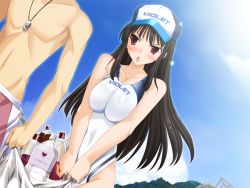 Rule 34 | 1boy, 1girl, angry, artist request, bag, blush, bottle, breasts, brown hair, cleavage, cloud, competition swimsuit, dutch angle, frown, game cg, hat, koi to mizugi to taiyo to, large breasts, long hair, maejima aya, male swimwear, nervous, one-piece swimsuit, open mouth, outdoors, red eyes, red male swimwear, red swim trunks, sky, swim trunks, swimsuit, swimsuit writing, whistle, white one-piece swimsuit
