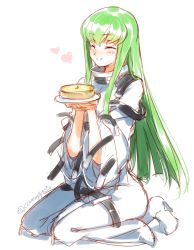 Rule 34 | 1girl, blush, bodysuit, boots, c.c., code geass, creayus, closed eyes, food, full body, green hair, heart, long hair, pie, plate, seiza, simple background, sitting, smile, solo, straitjacket, twitter username, white background, white footwear, yellow eyes
