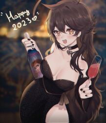 Rule 34 | 1girl, ahoge, alcohol, bare shoulders, black dress, black nails, breasts, breasts apart, brown eyes, brown hair, champagne, champagne flute, collarbone, cup, dress, drinking glass, english text, fang, glitter dress, hair between eyes, happy new year, heart, heart-shaped pupils, heart ahoge, highres, huge ahoge, large breasts, leaning to the side, long hair, looking at viewer, messy hair, new year, off-shoulder dress, off shoulder, open mouth, original, side slit, skin fang, sky above me, smile, solo, symbol-shaped pupils, very long hair