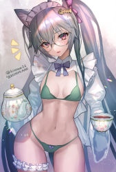 Rule 34 | 1girl, :d, ^^^, animal ear fluff, animal ears, artist name, bikini, blush, bow, bowtie, breasts, bridal garter, cat ears, cellphone, cleavage, cowboy shot, cup, fish hair ornament, frills, glasses, green bikini, grey-framed eyewear, grey hair, hair ornament, head tilt, highres, hip focus, hitowa, holding, holding cup, long hair, long sleeves, looking at viewer, maid, maid headdress, open mouth, original, phone, purple bow, purple bowtie, purple eyes, round eyewear, shrug (clothing), smartphone, smile, solo, swimsuit, tea, teacup, teapot, twintails, twitter username, very long hair, wide hips