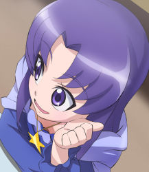 Rule 34 | 10s, 1girl, breasts, cleavage, downblouse, from above, happinesscharge precure!, haruyama kazunori, hikawa iona, jewelry, long hair, open mouth, pendant, precure, purple eyes, purple hair, small breasts, solo, star (symbol)