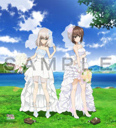 Rule 34 | 2girls, bare shoulders, blue eyes, bouquet, breasts, bridal veil, brown eyes, brown hair, cleavage, closed mouth, cloud, copyright name, dress, flower, girls und panzer, grass, high heels, itsumi erika, looking at viewer, military, military vehicle, motor vehicle, multiple girls, nishizumi maho, ocean, official art, outdoors, rose, sample watermark, short hair, silver hair, sky, smile, tank, toy tank, veil, water, watermark, wedding dress, white dress, white footwear