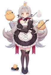Rule 34 | 1girl, absurdres, alternate costume, apron, azur lane, black dress, black footwear, black jacket, black thighhighs, blunt bangs, bucket, closed mouth, commentary, criss-cross halter, dress, duster, enmaided, frilled dress, frills, grey hair, halter dress, halterneck, headpiece, highres, jacket, looking at viewer, maid, maid headdress, manjuu (azur lane), mole, mole under eye, mop, official alternate costume, pigeon-toed, robotic vacuum cleaner, ruwo, simple background, smile, solo, tattoo, thighhighs, v-shaped eyebrows, white apron, white background, yellow eyes, z46 (azur lane), z46 (chronicles of the dust wars) (azur lane)