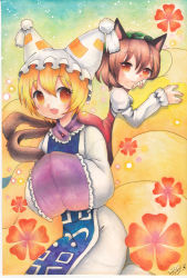 Rule 34 | 2girls, :3, animal ears, cat ears, cat girl, cat tail, chen, dress, female focus, flower, fox ears, fox tail, hands in opposite sleeves, mosho, multiple girls, multiple tails, open mouth, signature, tail, touhou, traditional media, yakumo ran