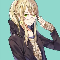 Rule 34 | 1girl, adjusting eyewear, aihara yuzu, artist name, bad id, bad pixiv id, black jacket, blonde hair, brown shirt, chi zu crazy, citrus (saburouta), collarbone, glasses, green background, green eyes, hair between eyes, hood, hooded jacket, jacket, long hair, looking at viewer, mouth hold, open clothes, open jacket, shirt, side ponytail, simple background, smile, solo, striped clothes, striped shirt, upper body