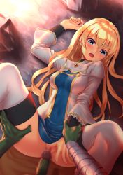 Rule 34 | .357-inch, 10s, 1boy, 1girl, bad id, bad pixiv id, blonde hair, blue eyes, blush, boots, breasts, censored, clothes lift, colored skin, covered navel, dress, dress lift, frilled sleeves, frills, gem, goblin slayer!, green skin, highres, holding another&#039;s wrist, imminent penetration, imminent rape, imminent vaginal, long hair, looking at viewer, lying, medium breasts, mosaic censoring, on back, on floor, open mouth, orc, penis, priestess (goblin slayer!), pussy, rock, solo focus, spread legs, tears, thigh boots, thighhighs