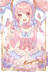 Rule 34 | 1girl, bad id, bad pixiv id, bang dream!, blue neckwear, blue ribbon, blush, bonnet, bow, bowtie, bug, butterfly, butterfly on hand, center frills, character name, collarbone, cowboy shot, dress, flower, frilled dress, frills, hand up, highres, insect, looking at viewer, maruyama aya, pantyhose, pink bow, pink eyes, pink flower, pink hair, pink neckwear, pink rose, ribbon, rose, sidelocks, solo, sparkle, striped bow, striped bowtie, striped clothes, striped neckwear, striped ribbon, taya oco, twintails, twitter username, wrist cuffs