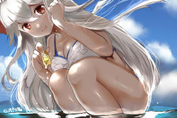 Rule 34 | 1girl, :d, bare arms, bare shoulders, bikini, blue sky, blush, breasts, brown eyes, cleavage, cloud, commentary request, dark-skinned female, dark skin, day, granblue fantasy, grey hair, hair between eyes, hand up, holding, long hair, looking at viewer, lunacats, medium breasts, open mouth, outdoors, signature, sky, smile, solo, squatting, swimsuit, teeth, upper teeth only, very long hair, wading, water, wet, white bikini, zooey (granblue fantasy), zooey (summer) (granblue fantasy)